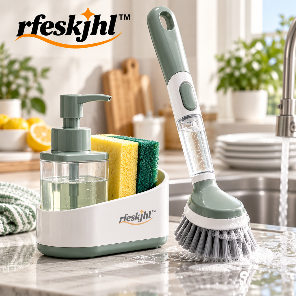rfeskjhl Soap Dispensing Dish Brush with Push Button and Ergonomic Long Handle