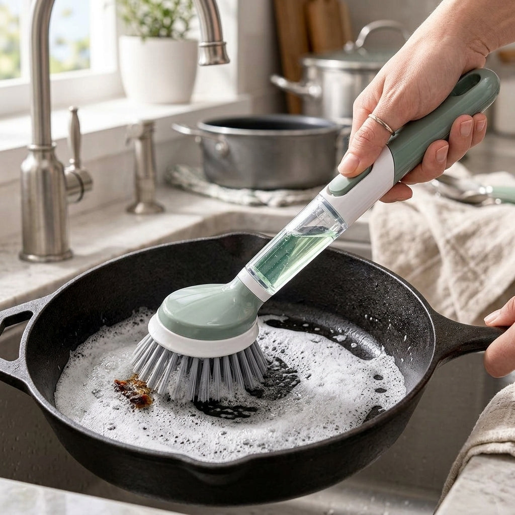 rfeskjhl Soap Dispensing Dish Brush with Push Button and Ergonomic Long Handle