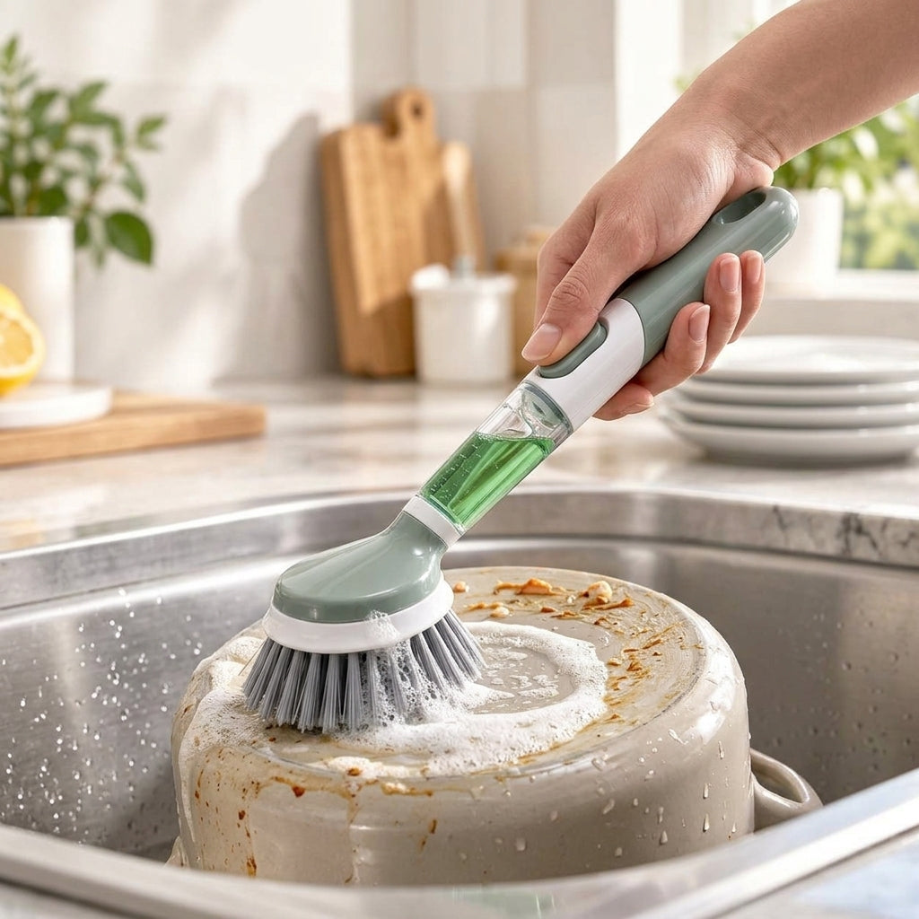 rfeskjhl Soap Dispensing Dish Brush with Push Button and Ergonomic Long Handle