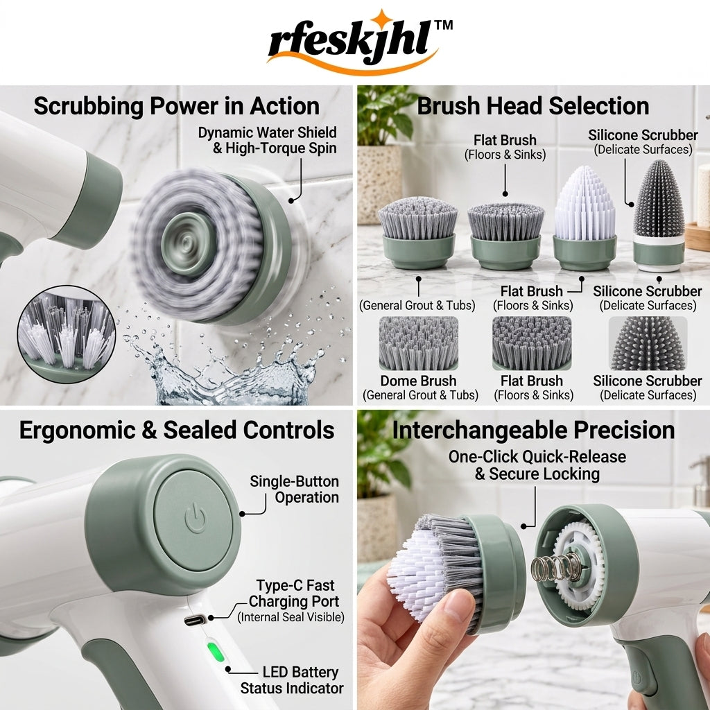 rfeskjhl™ Cordless Handheld Electric Spin Scrubber with 4 Multi-Surface Brush Heads